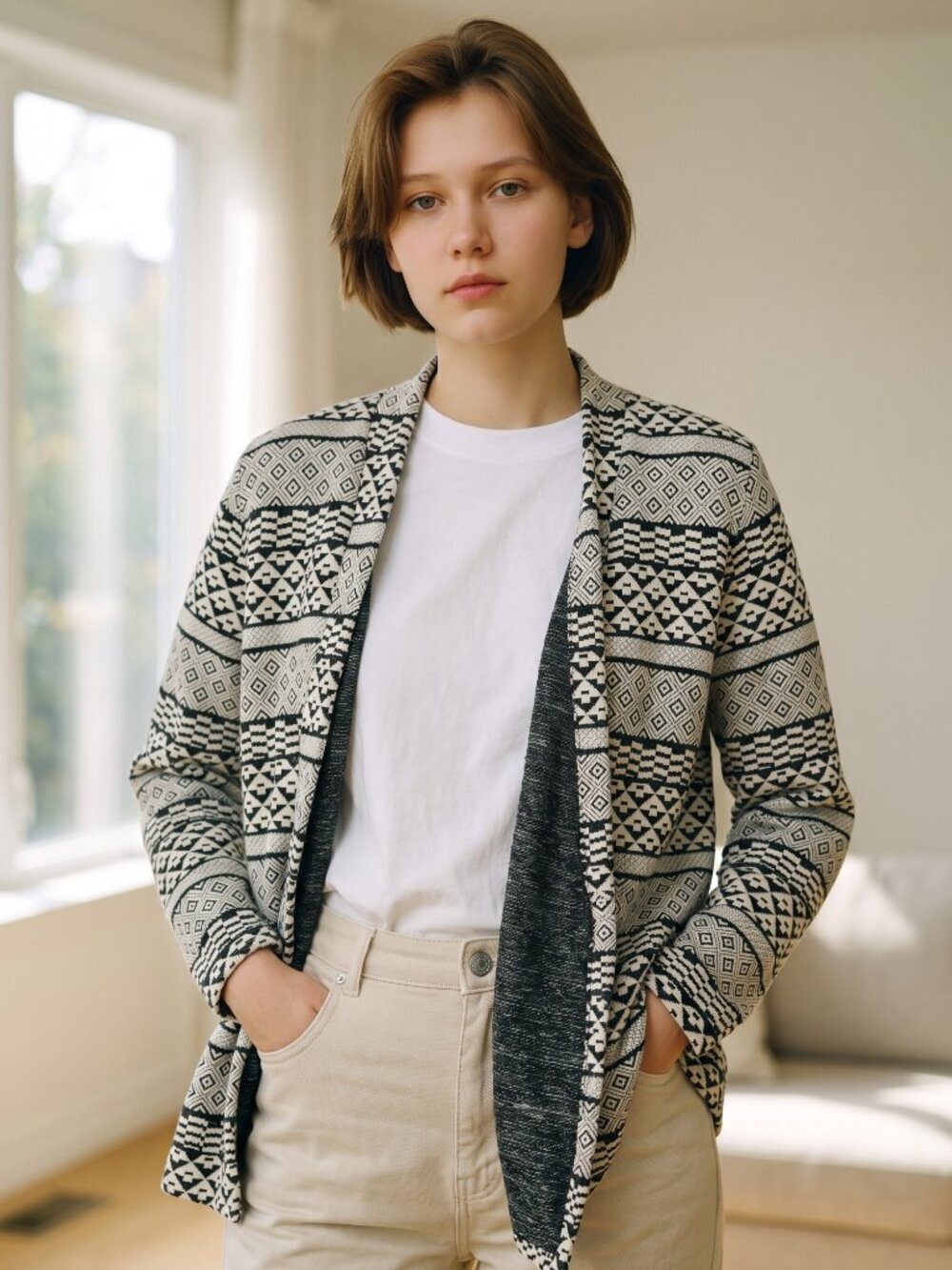 H&M Women's Cardigan Jacket Open Front Black and White Tribal Geometric Print